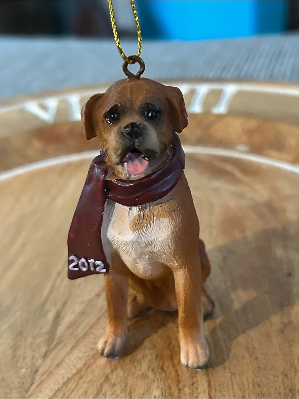Boxer Dog Christmas tree ornament dated 2012 on scarf